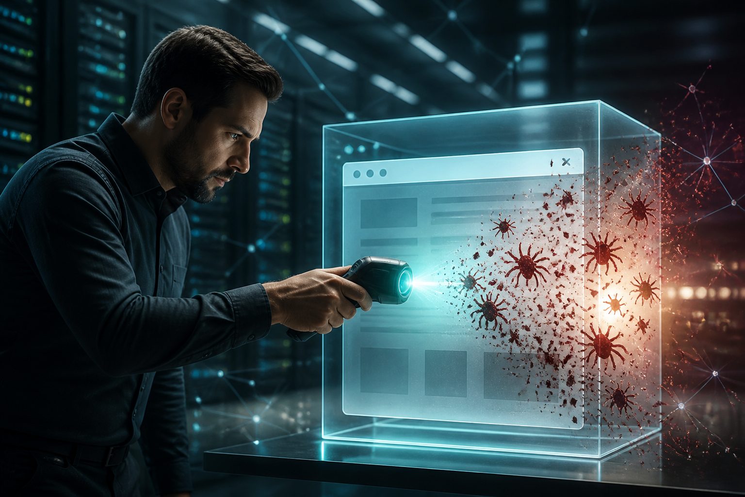Person removing malware from a website on a laptop