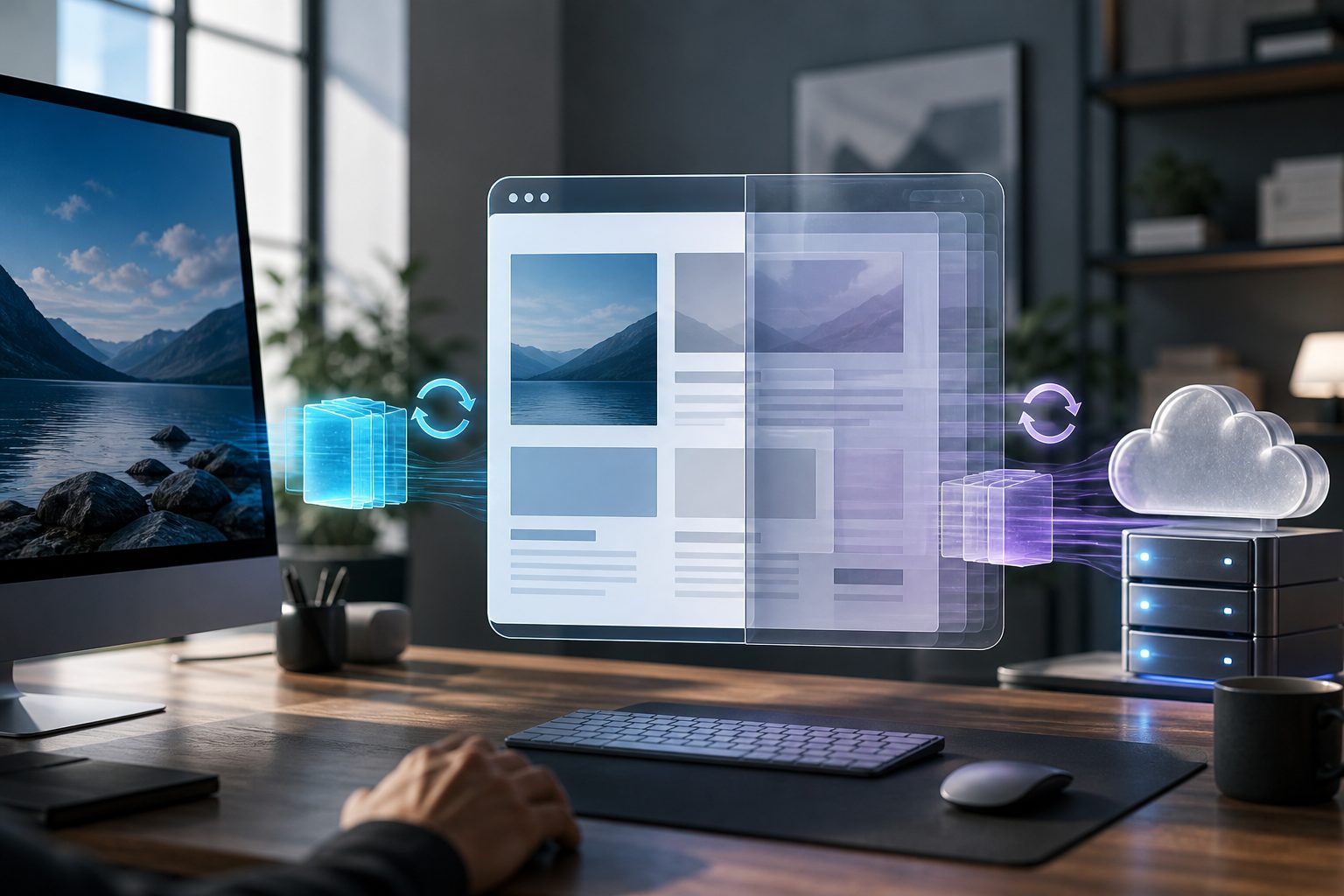 Web designer reviewing browser cache settings and refreshed website layouts on a laptop