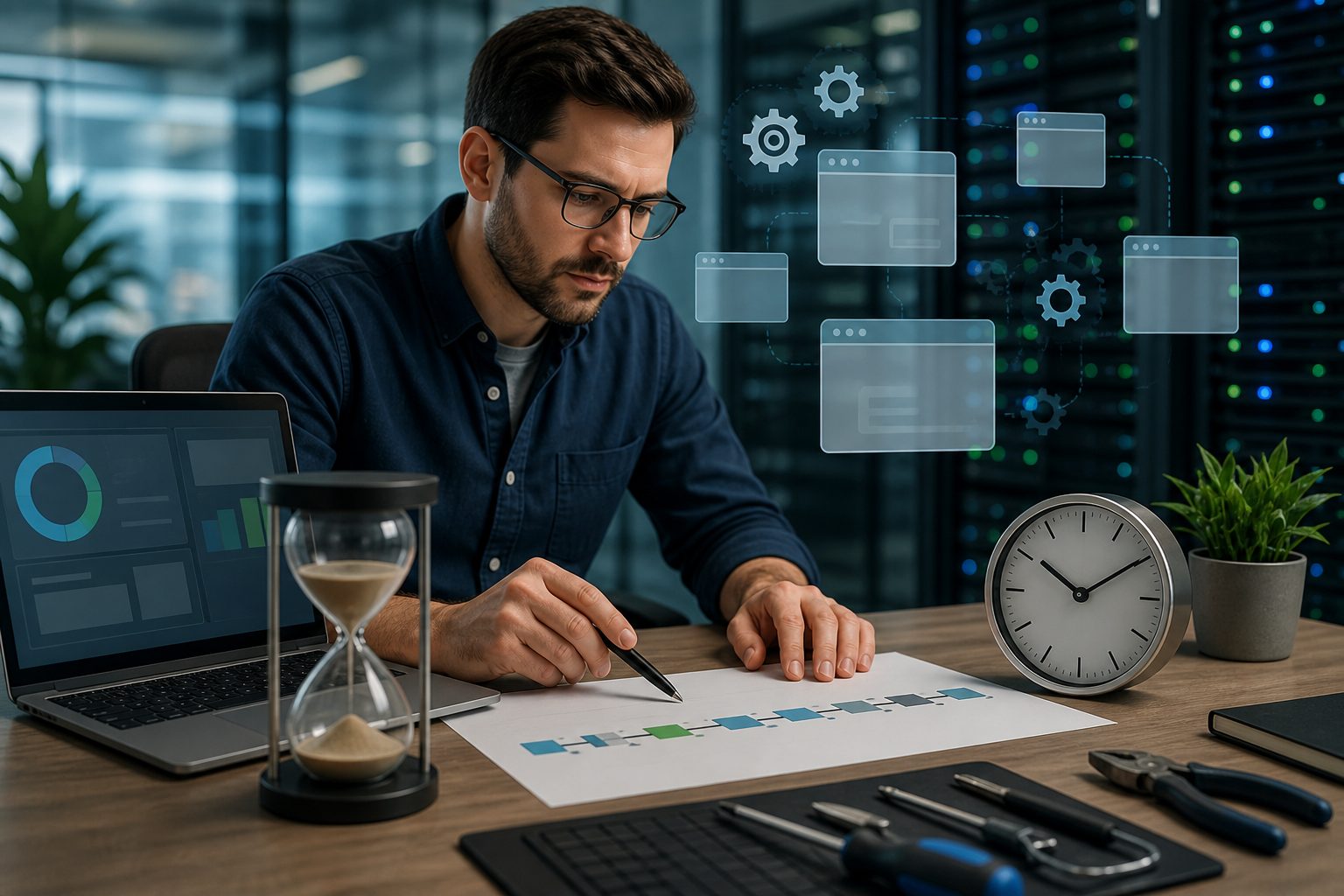 Website maintenance dashboard showing updates, backups, and performance checks