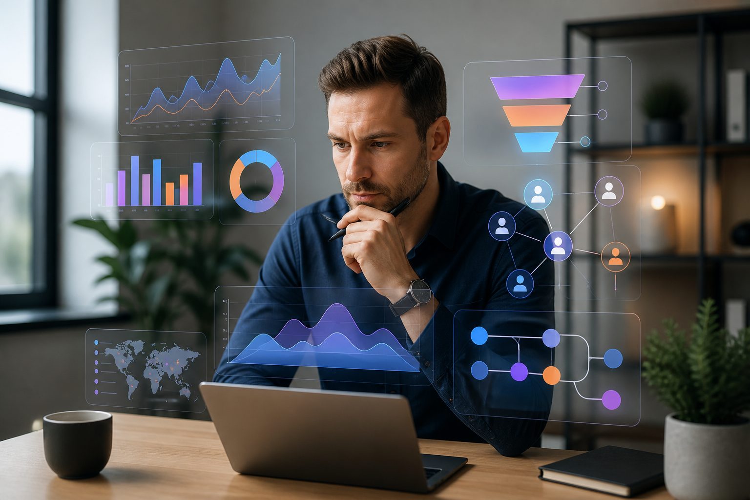 Beginner reviewing Google Analytics dashboard charts on a laptop